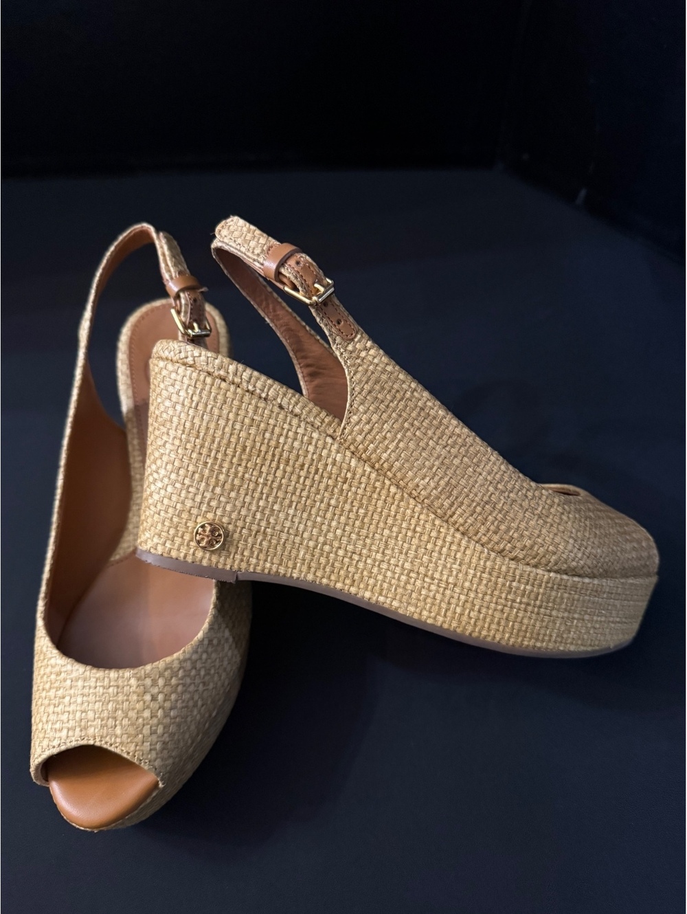 Tory Burch Natural Woven Platform Wedge Sandals Peep Toe Slingback — Size 5